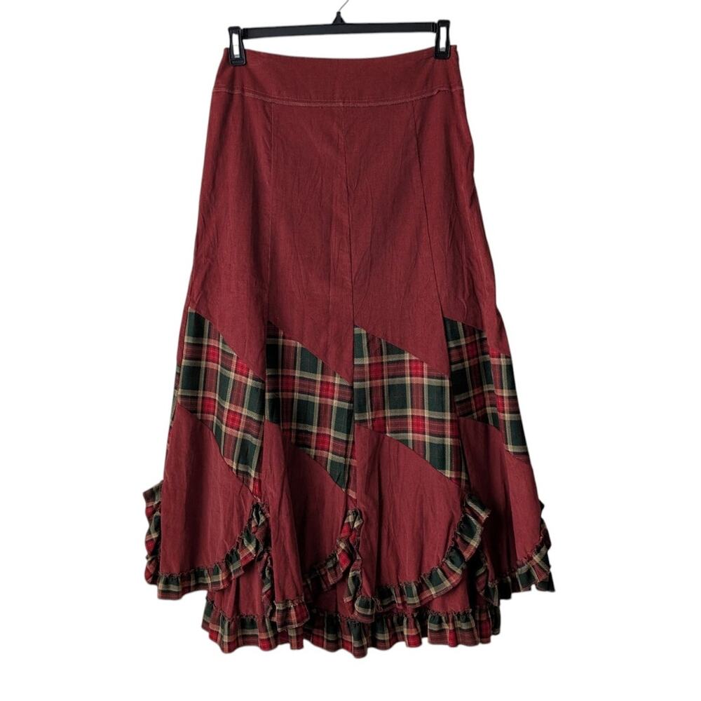 La Reynna red micro corduroy ruffled tartan plaid patchwork maxi skirt